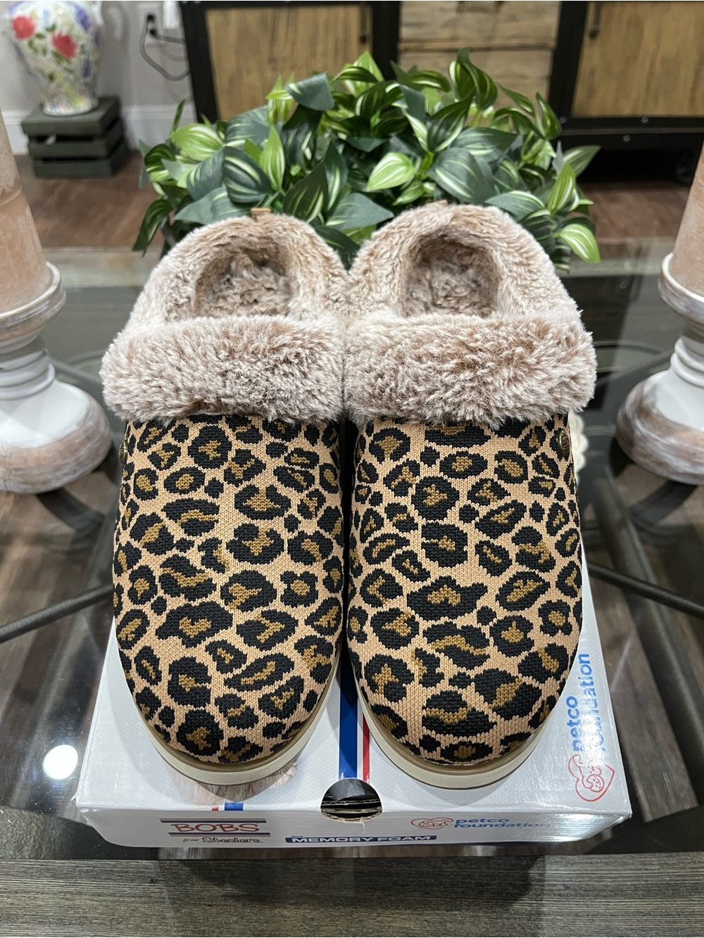 Bob’s By Sketchers Leopard Print Faux Fur Clog Slippers - Women's Tan/Black